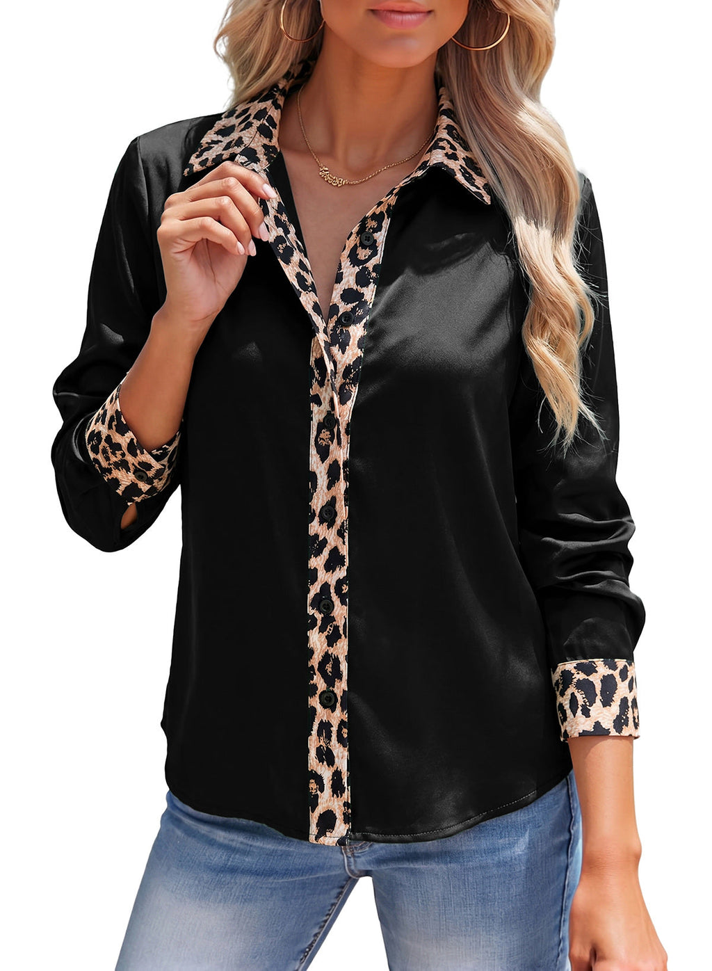 Dokotoo Womens Tops Business Casual Outfits Long Sleeve V Neck Button Down Shirts Satin Leopard Print Elegant Work Blouses