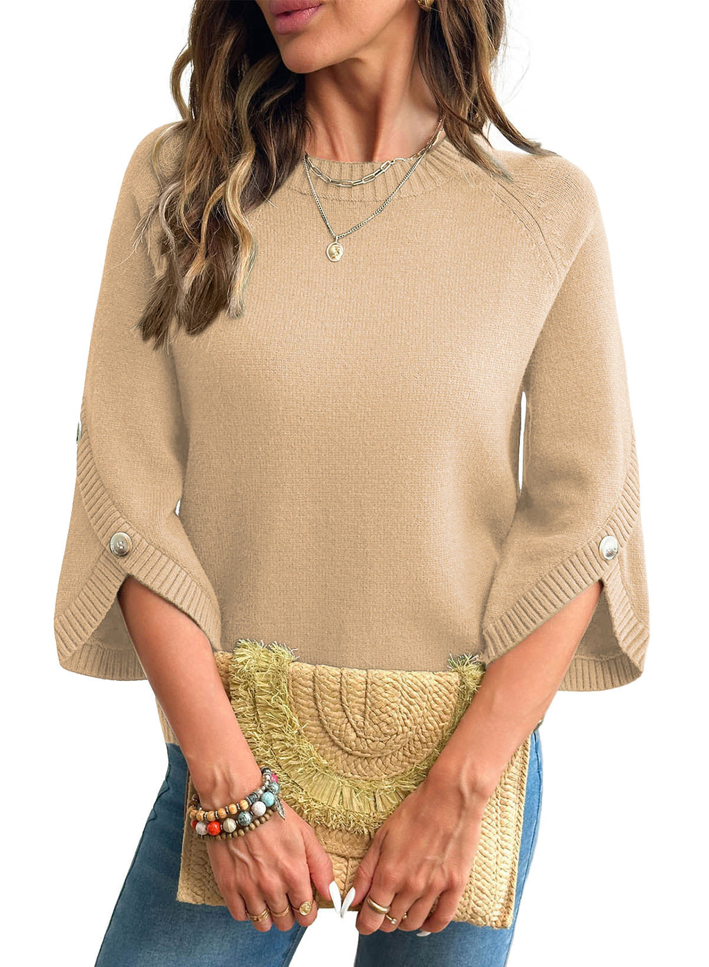 Womens Sweaters 3/4 Button Sleeve Crewneck Pullover Sweater Tops