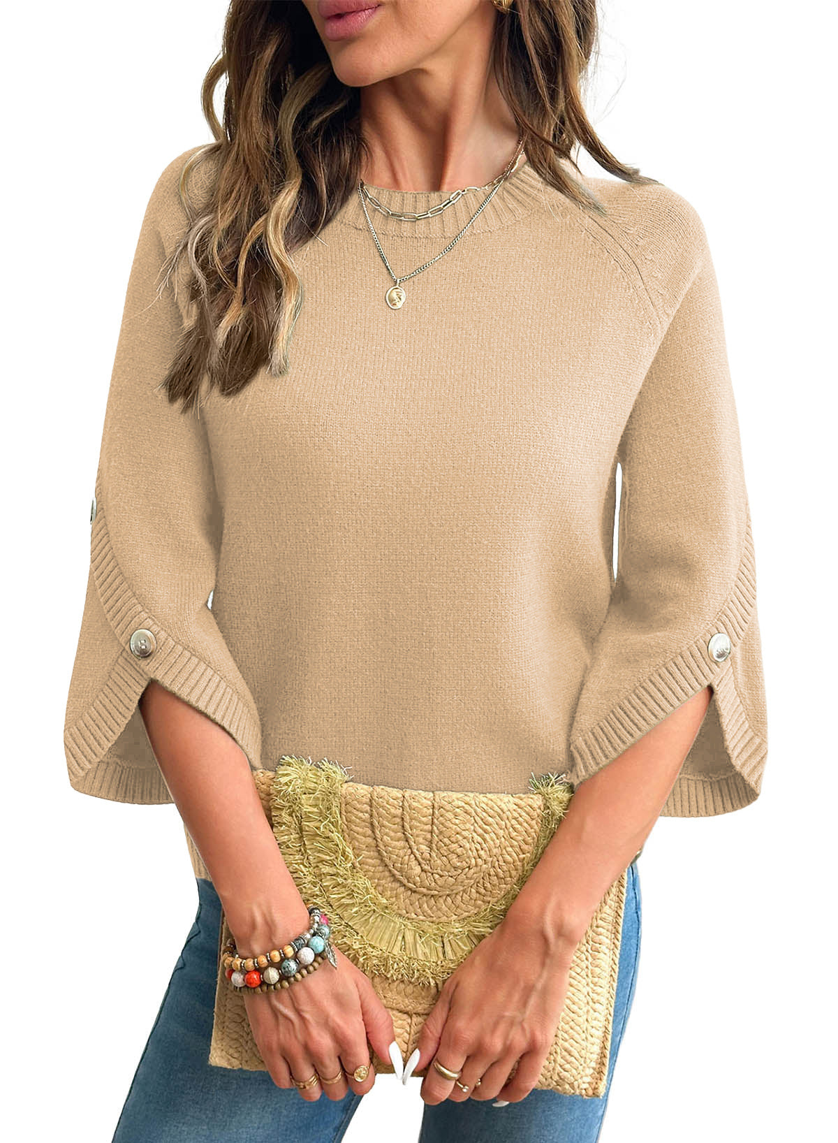 Womens Sweaters 3/4 Button Sleeve Crewneck Pullover Sweater Tops