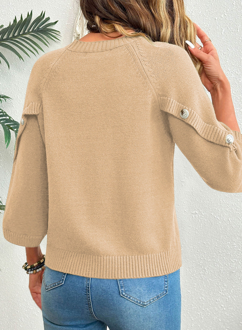 Womens Sweaters 3/4 Button Sleeve Crewneck Pullover Sweater Tops