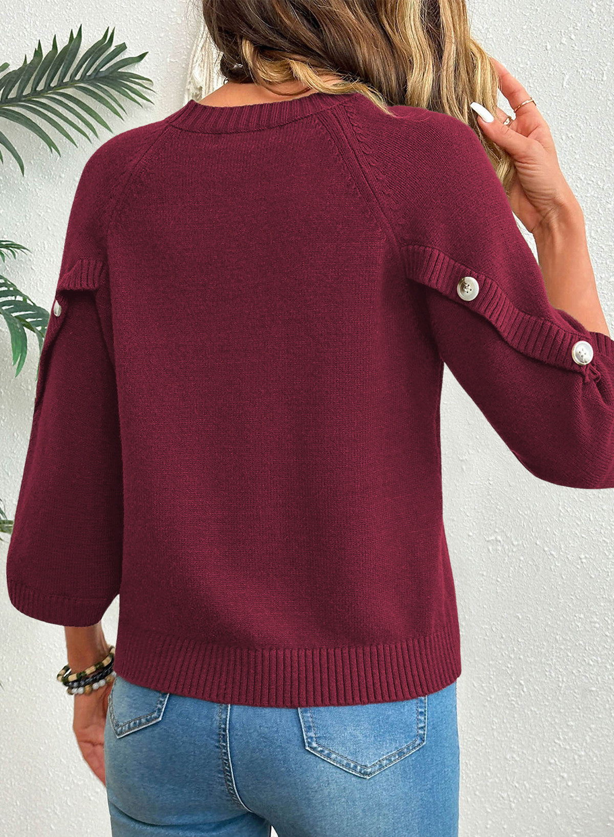 Womens Sweaters 3/4 Button Sleeve Crewneck Pullover Sweater Tops