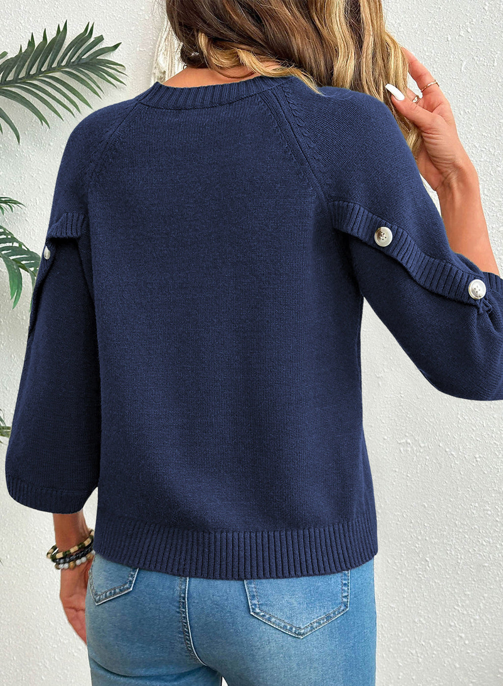 Womens Sweaters 3/4 Button Sleeve Crewneck Pullover Sweater Tops