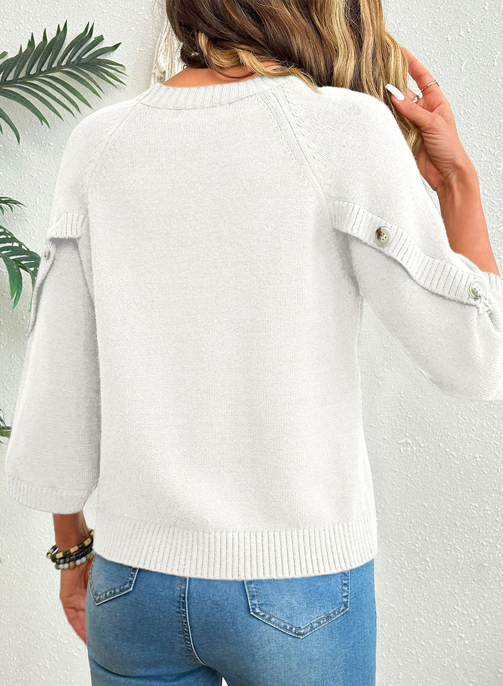 Womens Sweaters 3/4 Button Sleeve Crewneck Pullover Sweater Tops
