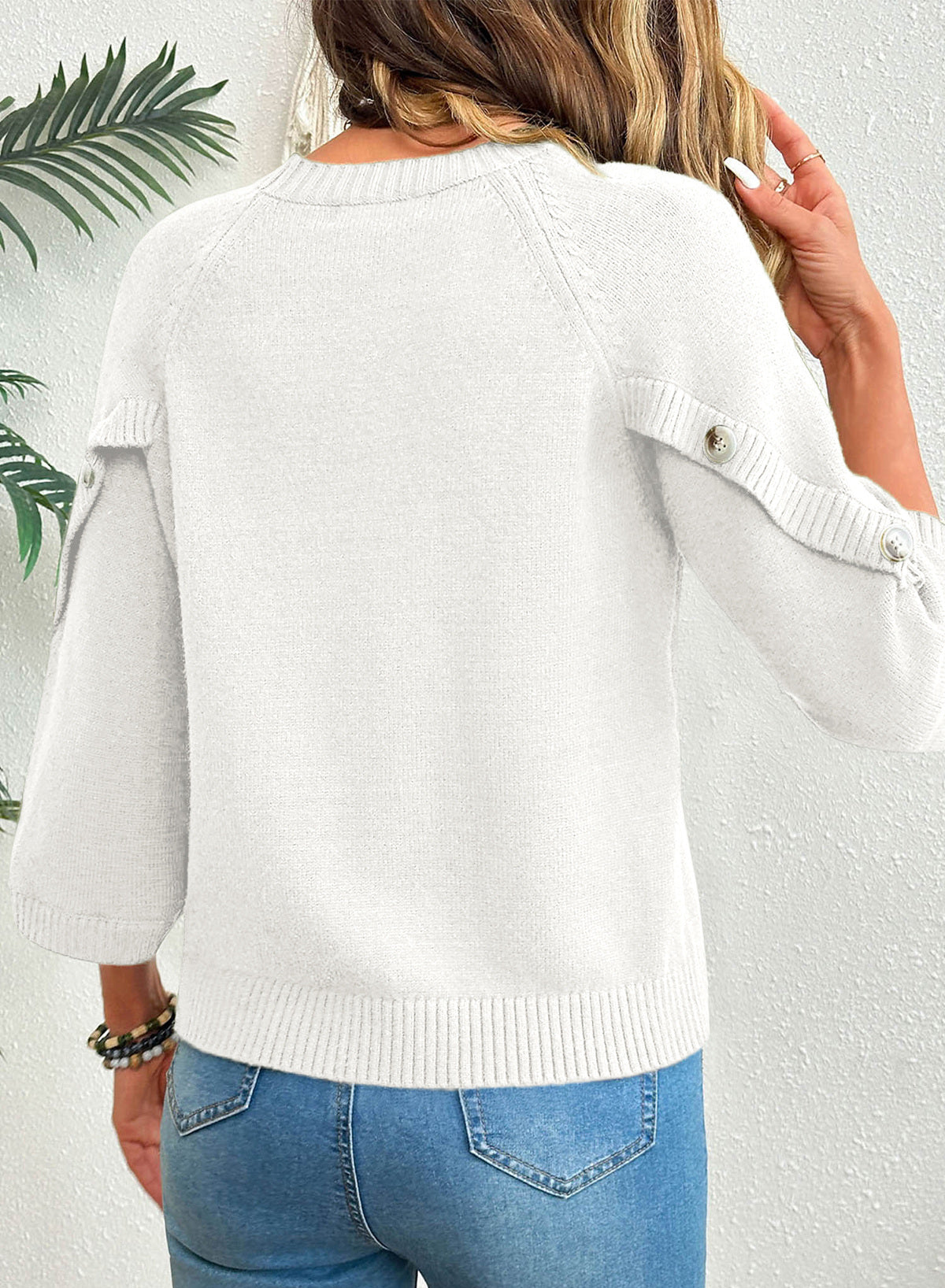 Womens Sweaters 3/4 Button Sleeve Crewneck Pullover Sweater Tops