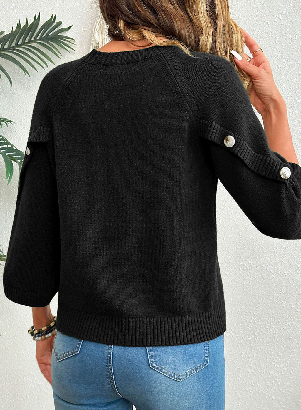 Womens Sweaters 3/4 Button Sleeve Crewneck Pullover Sweater Tops