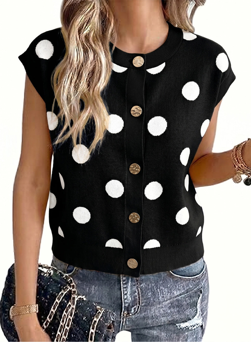 Relaxed Polka Dot Print Decorated Button Sweater Vest