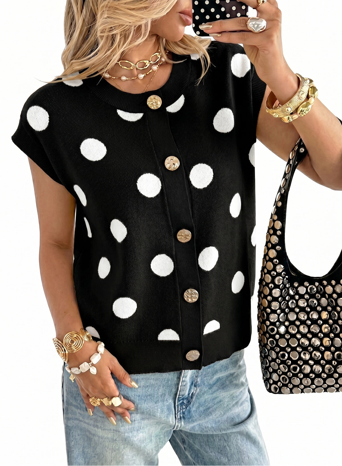 Relaxed Polka Dot Print Decorated Button Sweater Vest
