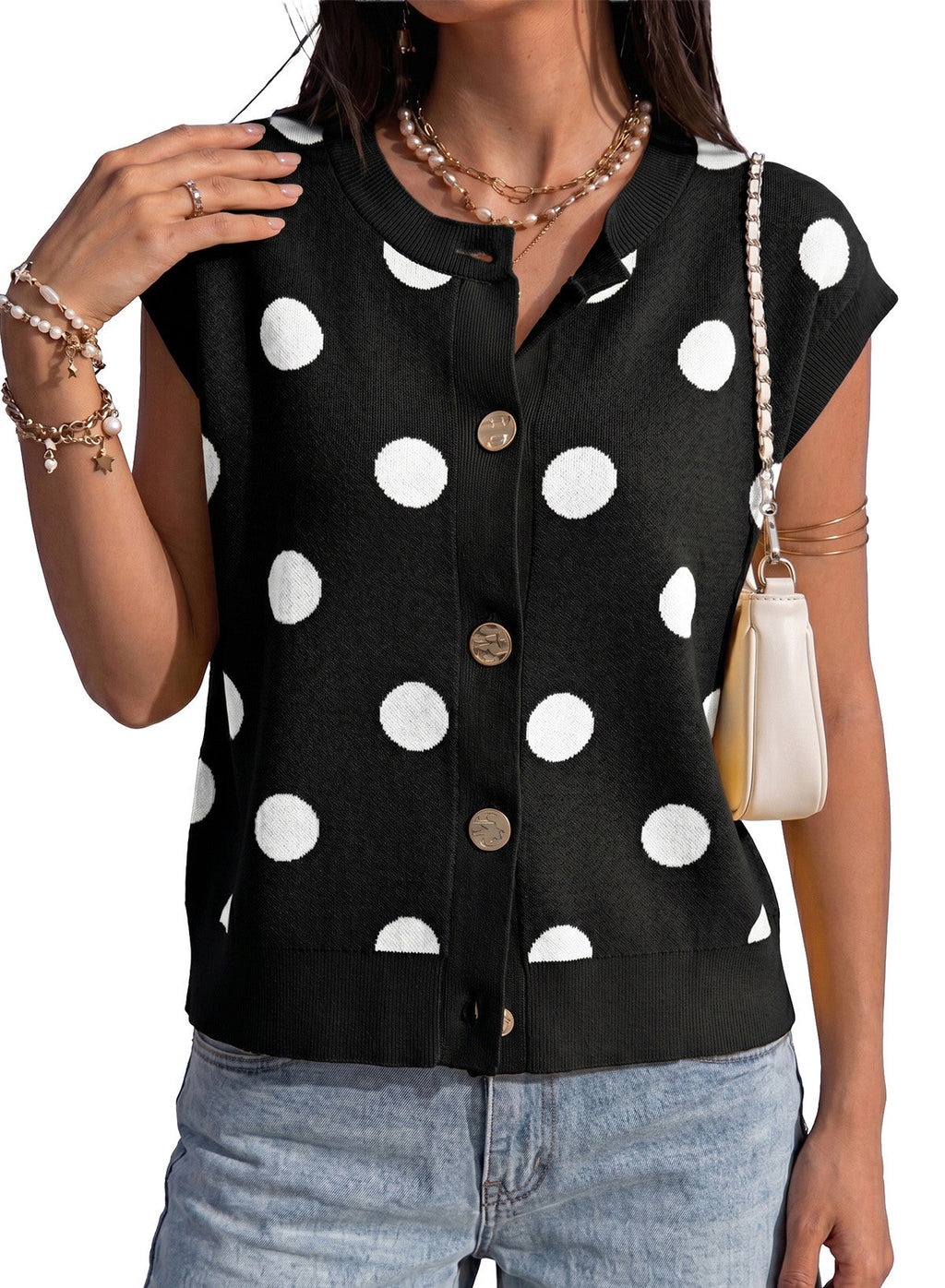 Relaxed Polka Dot Print Decorated Button Sweater Vest