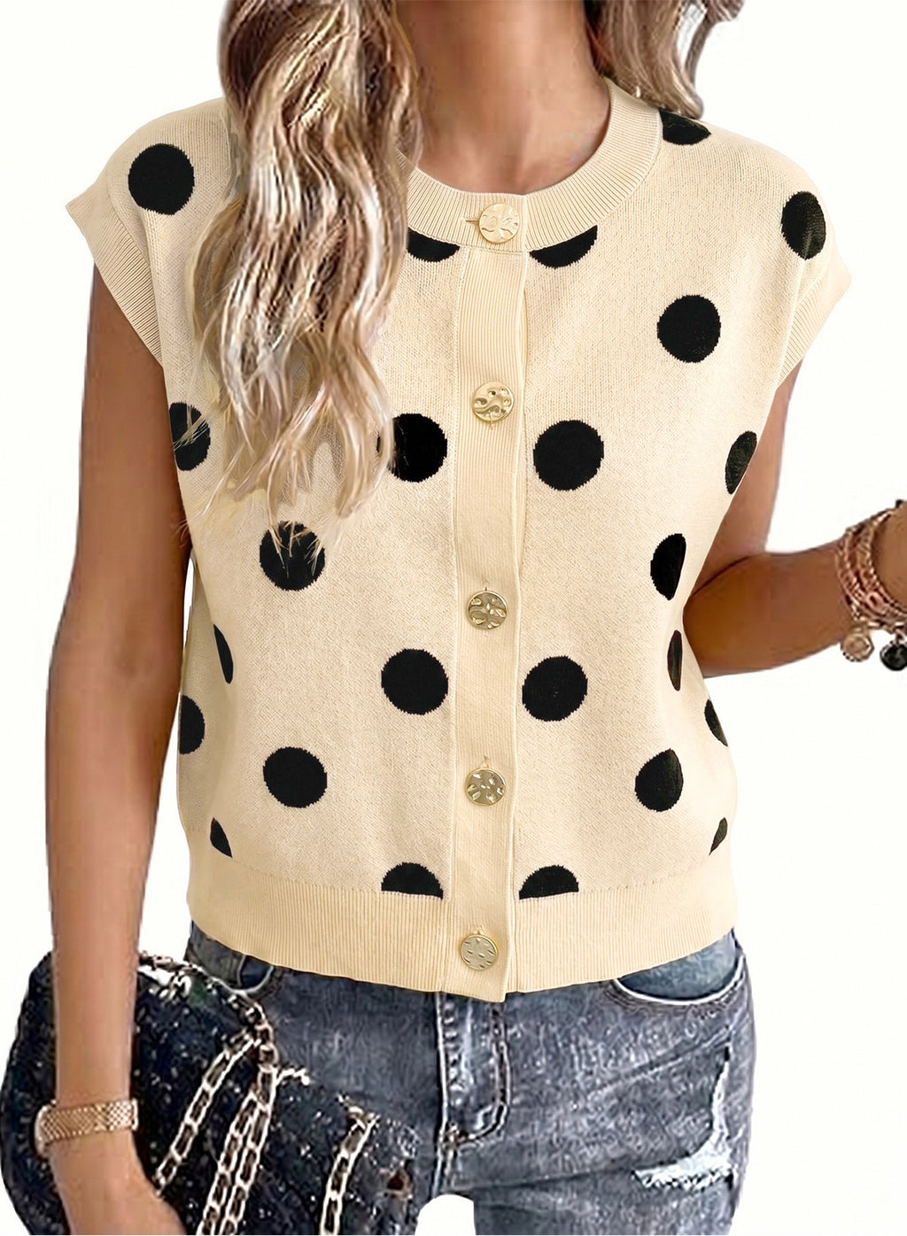 Relaxed Polka Dot Print Decorated Button Sweater Vest