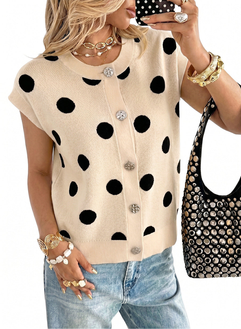 Relaxed Polka Dot Print Decorated Button Sweater Vest