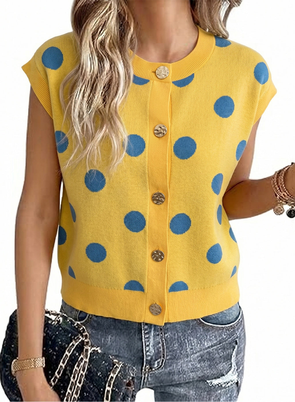 Relaxed Polka Dot Print Decorated Button Sweater Vest