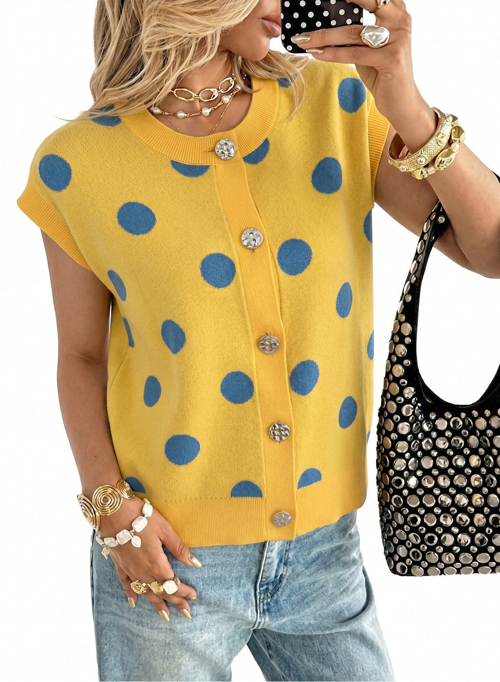 Relaxed Polka Dot Print Decorated Button Sweater Vest