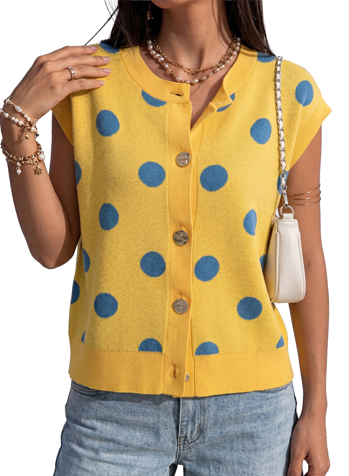 Relaxed Polka Dot Print Decorated Button Sweater Vest