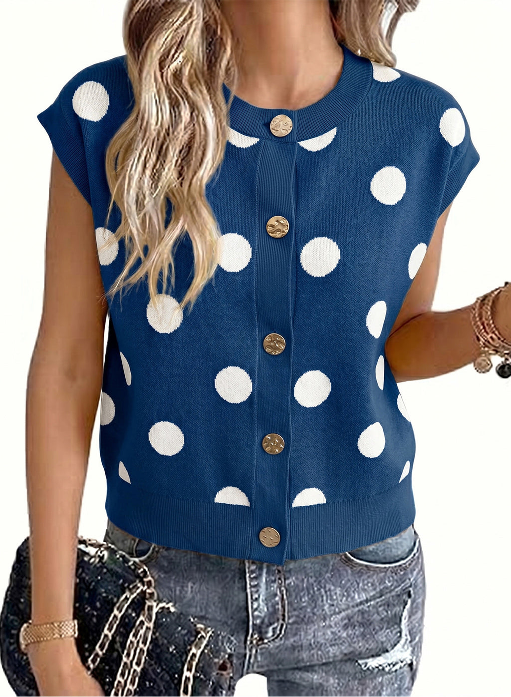 Relaxed Polka Dot Print Decorated Button Sweater Vest