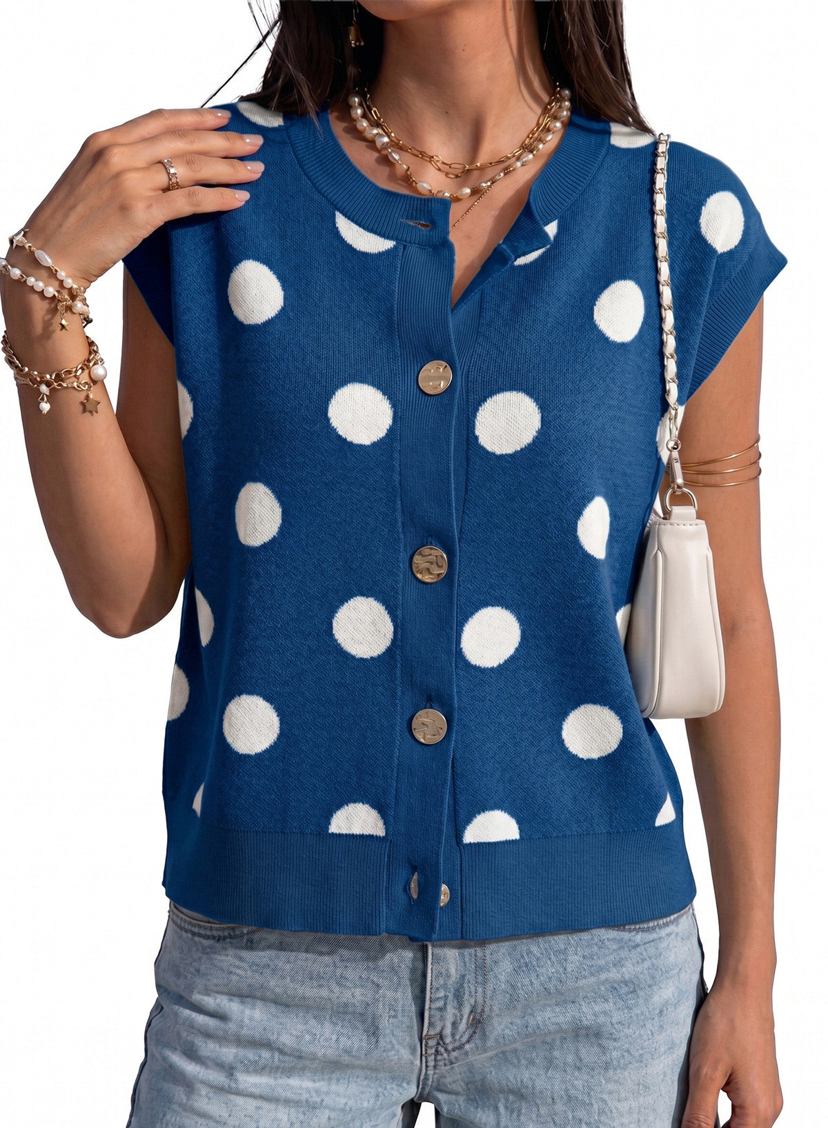 Relaxed Polka Dot Print Decorated Button Sweater Vest