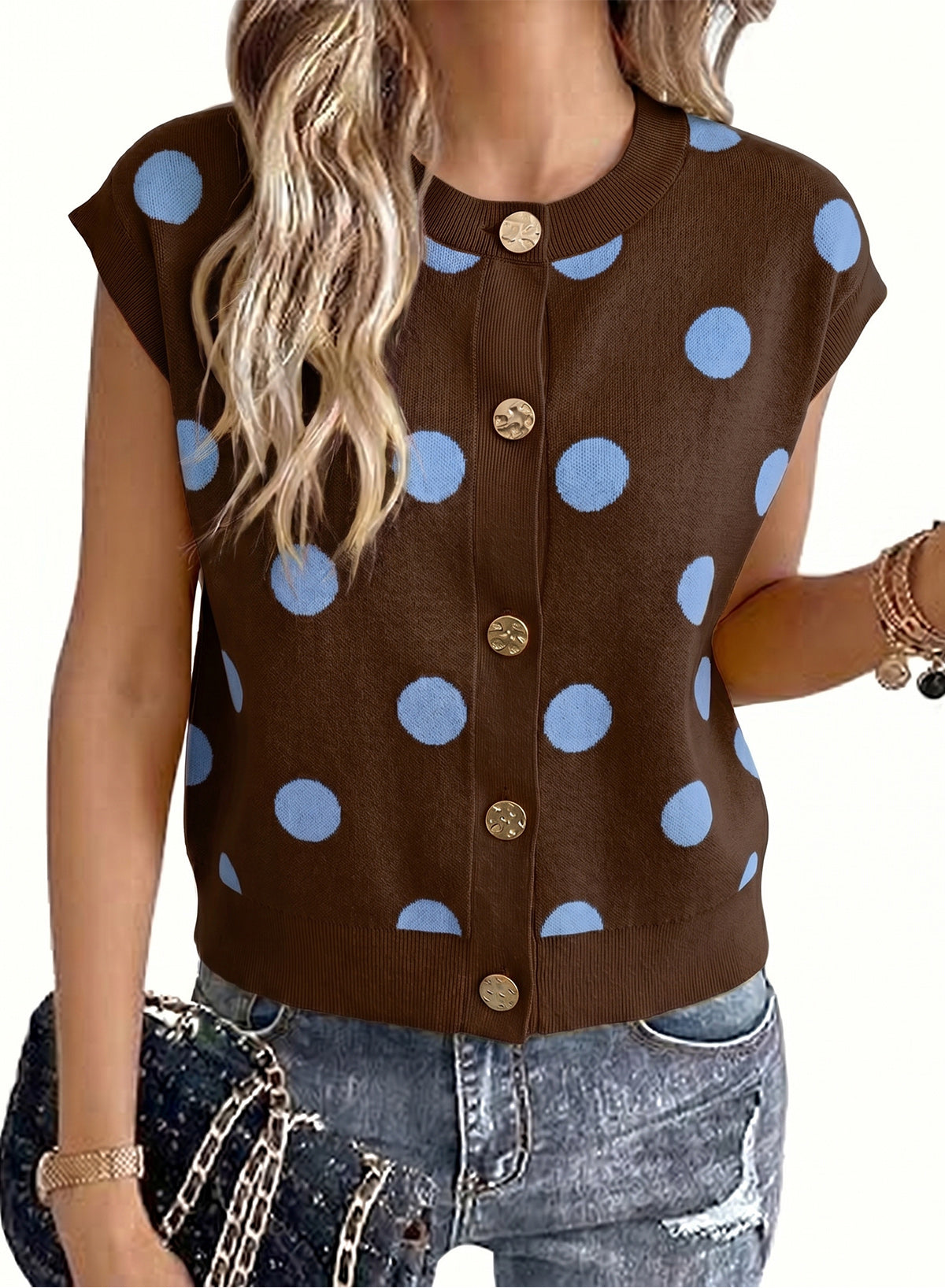 Relaxed Polka Dot Print Decorated Button Sweater Vest