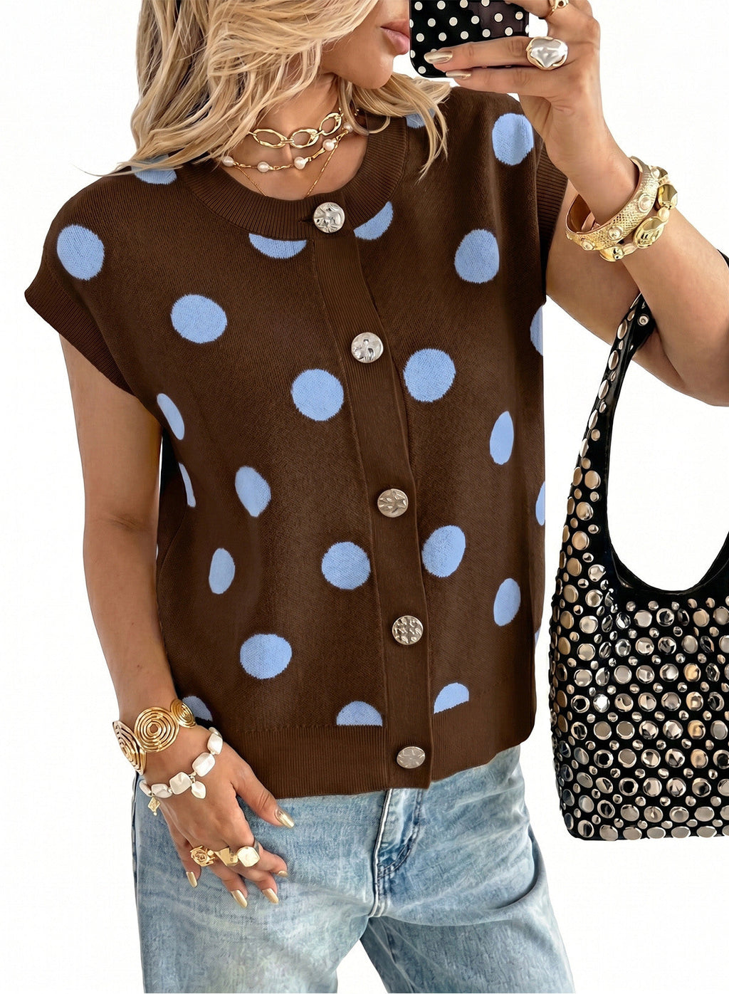 Relaxed Polka Dot Print Decorated Button Sweater Vest