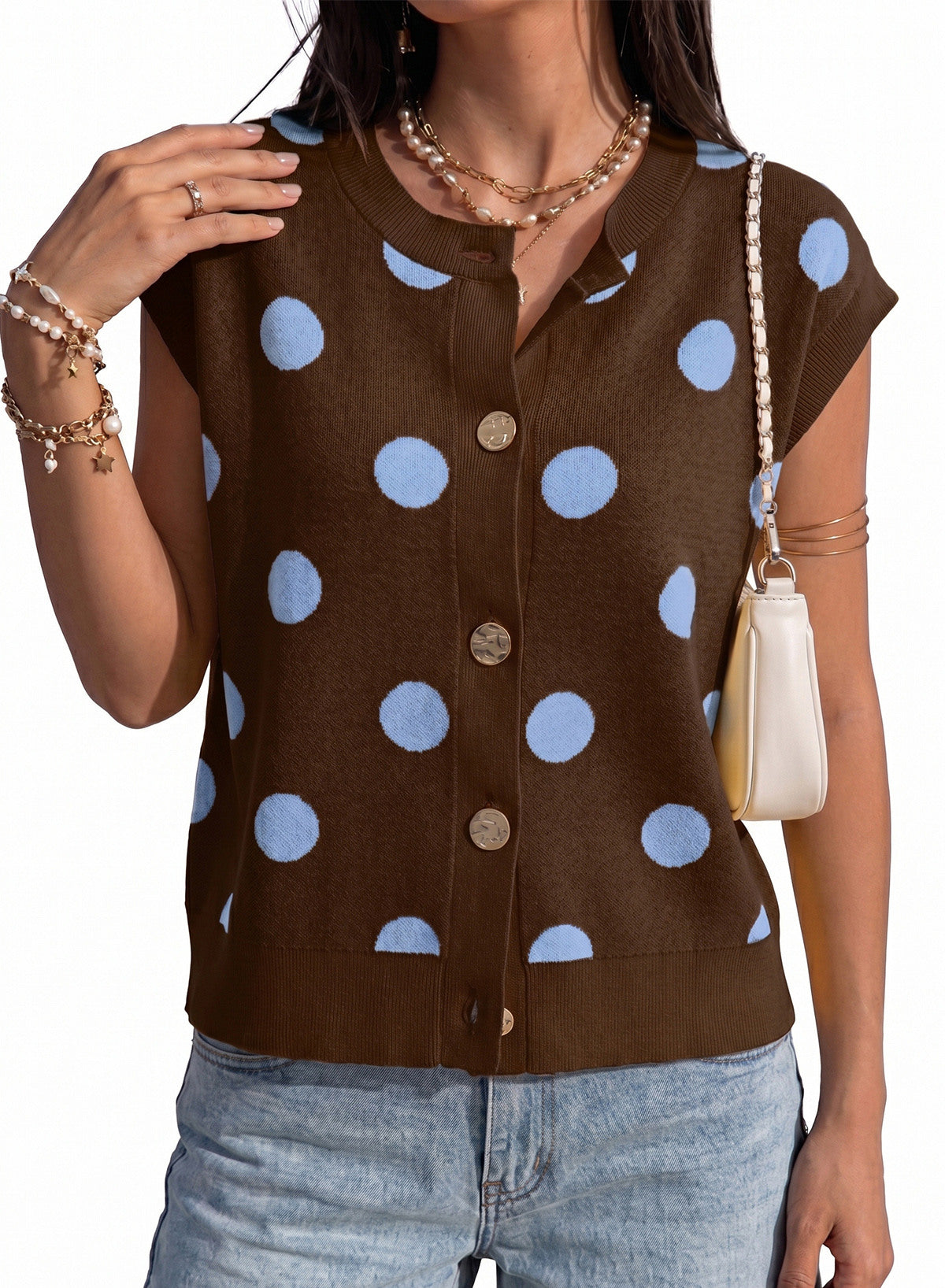 Relaxed Polka Dot Print Decorated Button Sweater Vest