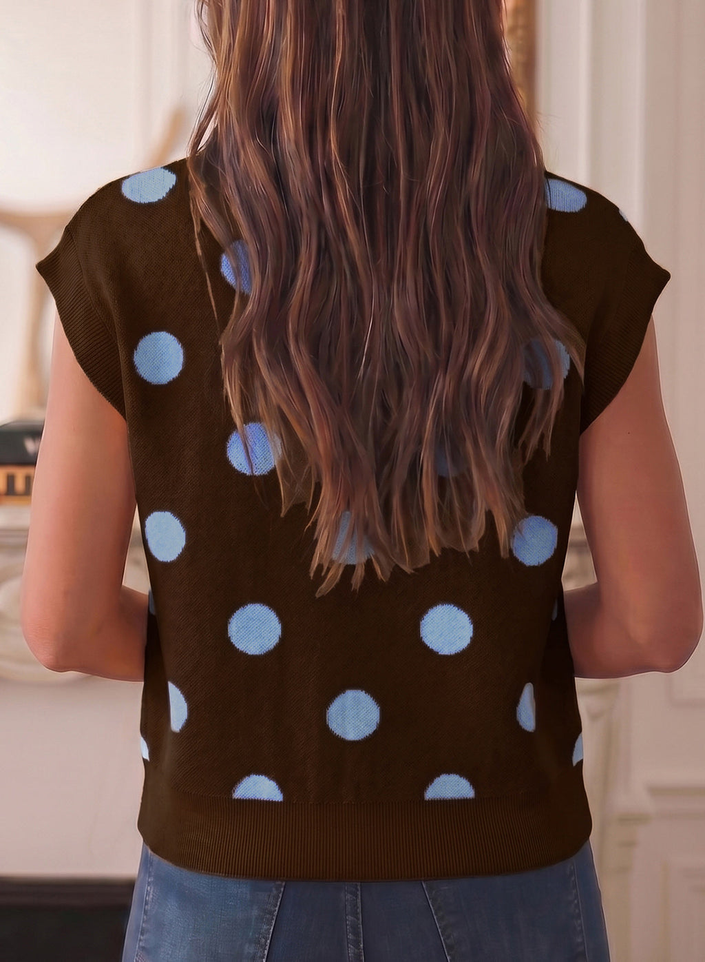 Relaxed Polka Dot Print Decorated Button Sweater Vest
