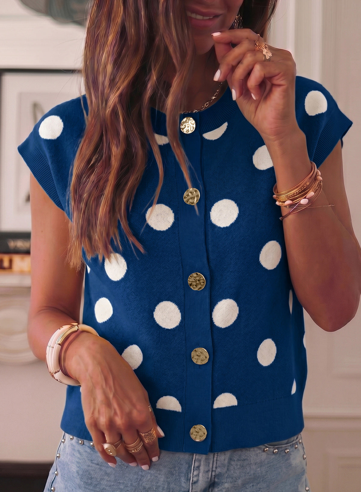 Relaxed Polka Dot Print Decorated Button Sweater Vest