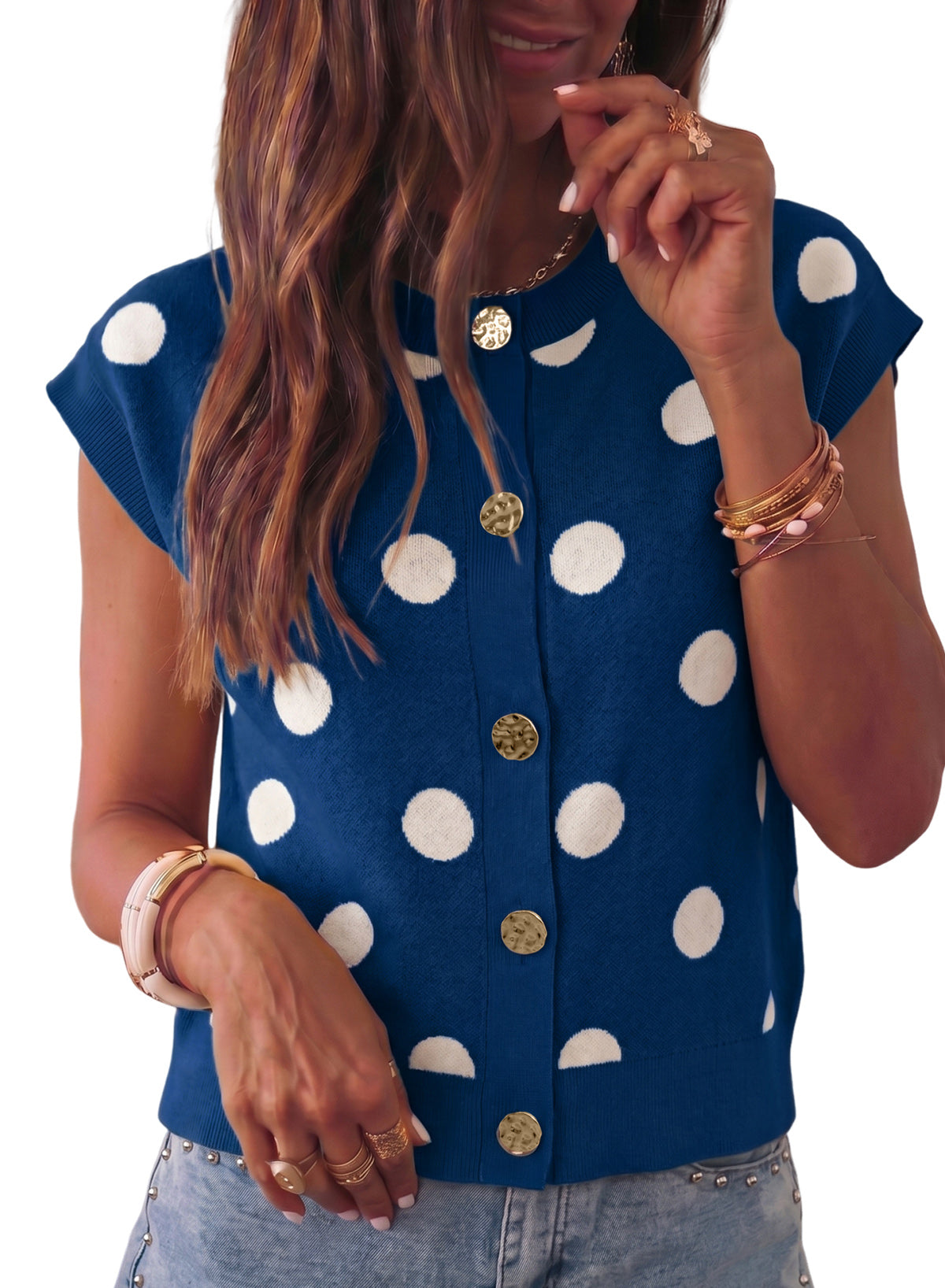 Relaxed Polka Dot Print Decorated Button Sweater Vest