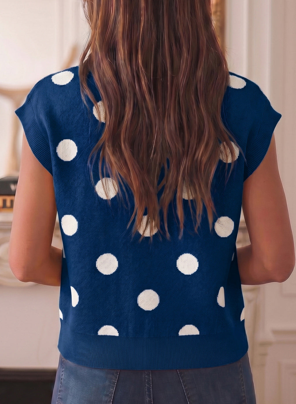 Relaxed Polka Dot Print Decorated Button Sweater Vest