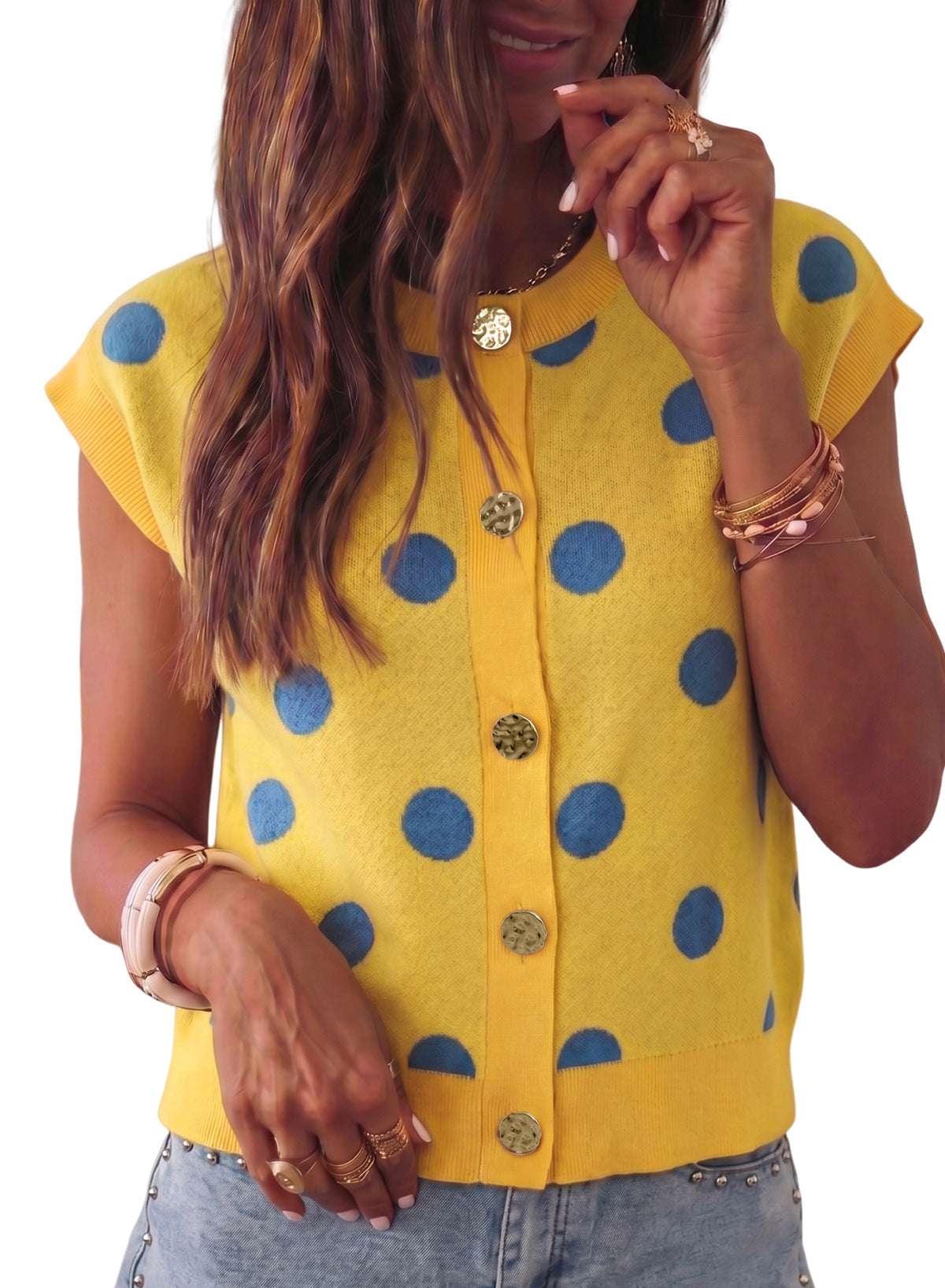 Relaxed Polka Dot Print Decorated Button Sweater Vest
