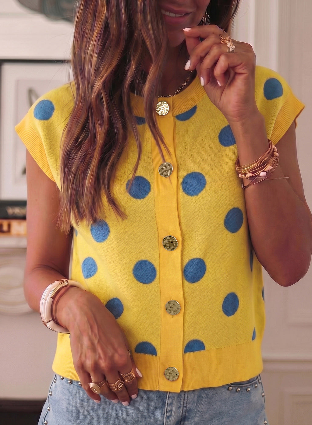 Relaxed Polka Dot Print Decorated Button Sweater Vest