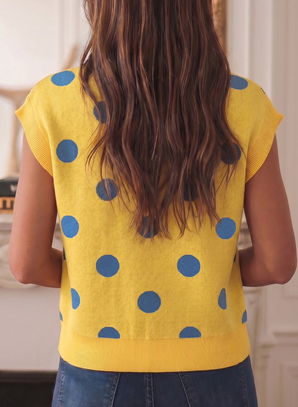 Relaxed Polka Dot Print Decorated Button Sweater Vest