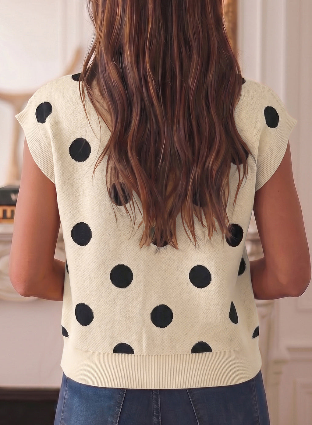 Relaxed Polka Dot Print Decorated Button Sweater Vest