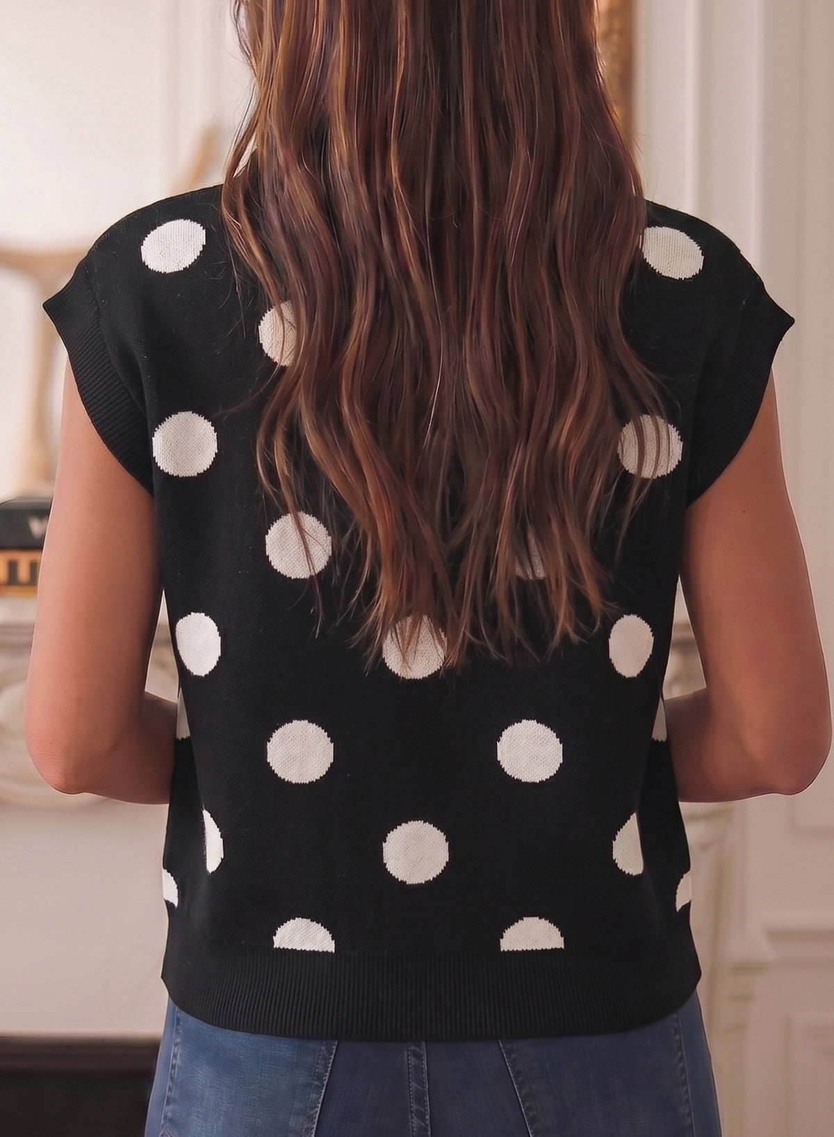 Relaxed Polka Dot Print Decorated Button Sweater Vest