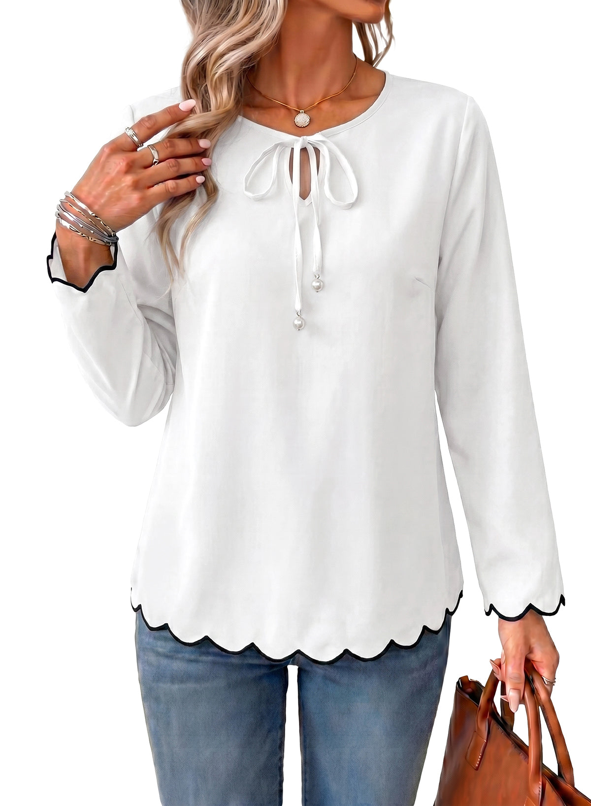 Dokotoo Blouses for Women Bell Long Sleeve Scalloped Trim Tunic Tops
