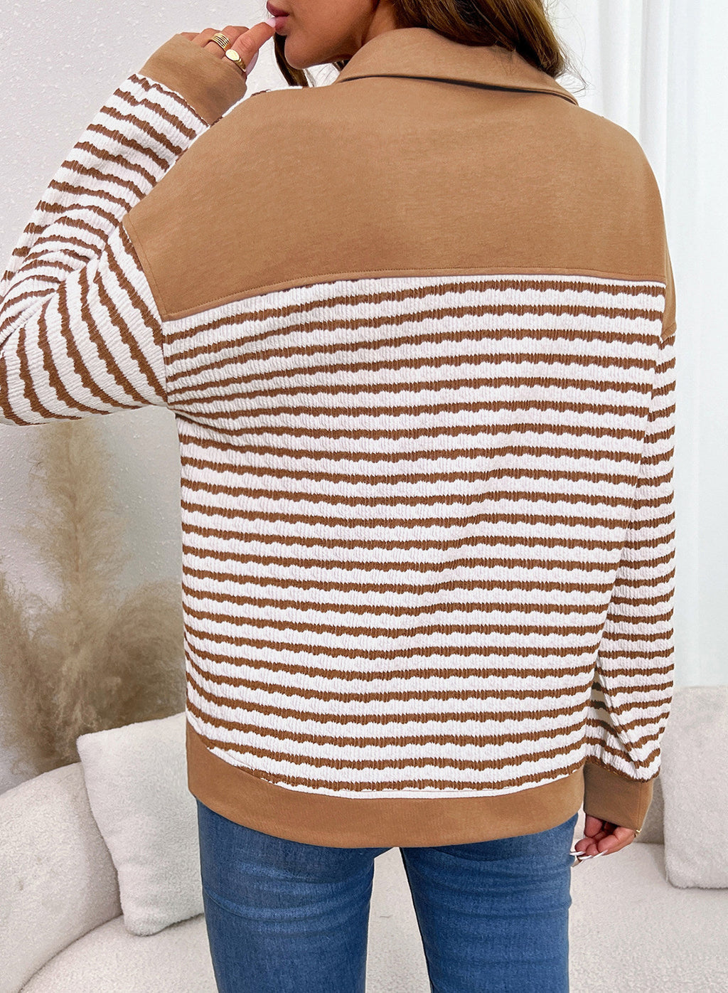 Dokotoo Oversized Henley Neck Sweatshirt for Women Striped Pullover Tops