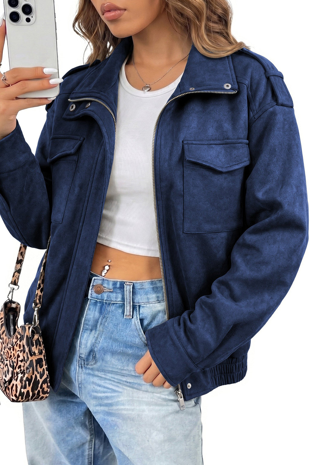 Dokotoo Womens Casual Cropped Bomber Jackets Trendy Solid Zip Up Coats