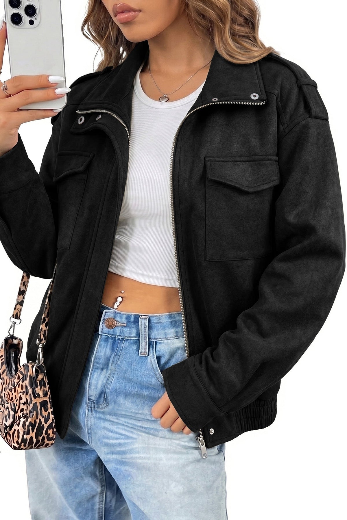 Dokotoo Womens Casual Cropped Bomber Jackets Trendy Solid Zip Up Coats