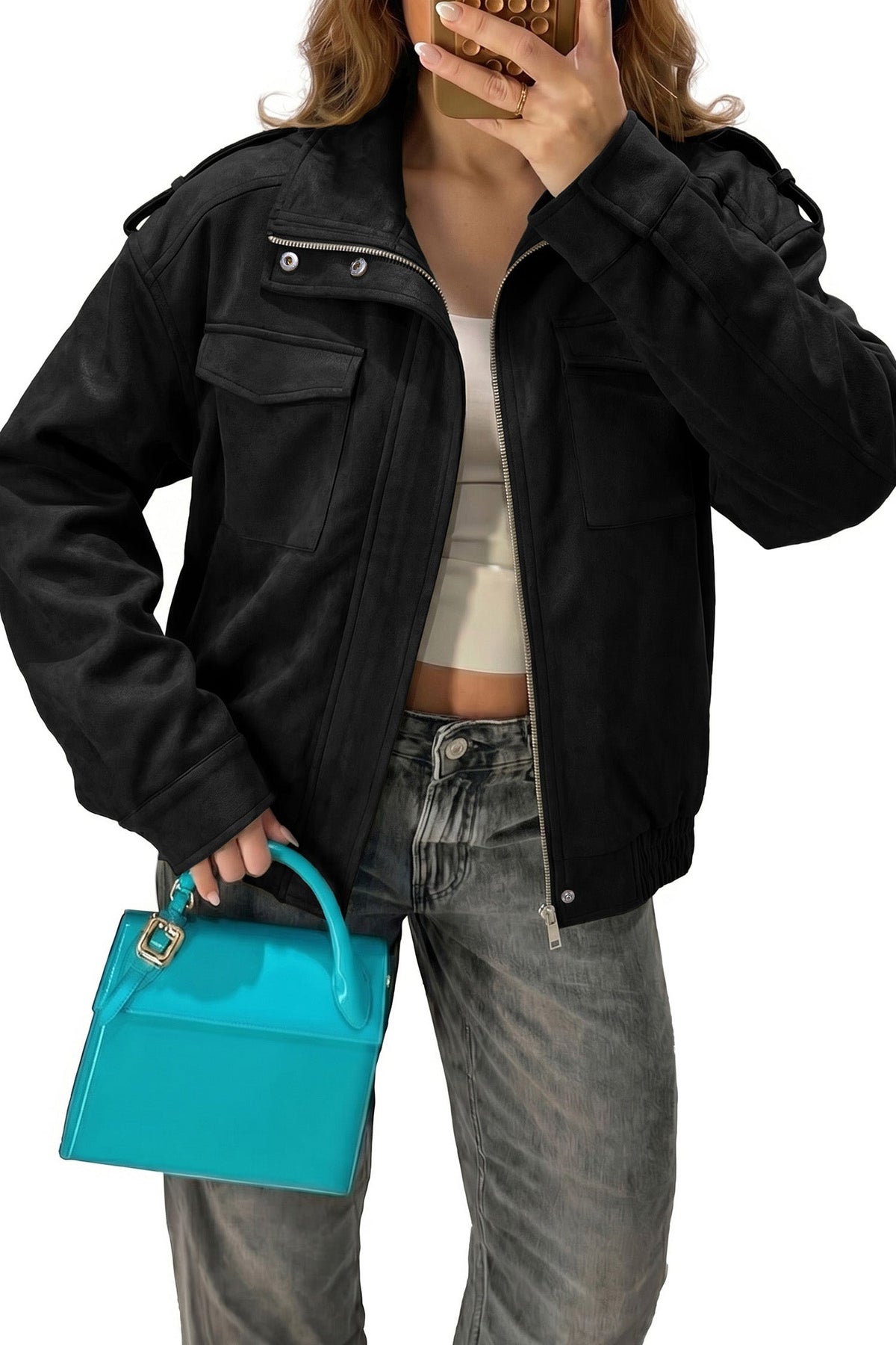 Dokotoo Womens Casual Cropped Bomber Jackets Trendy Solid Zip Up Coats