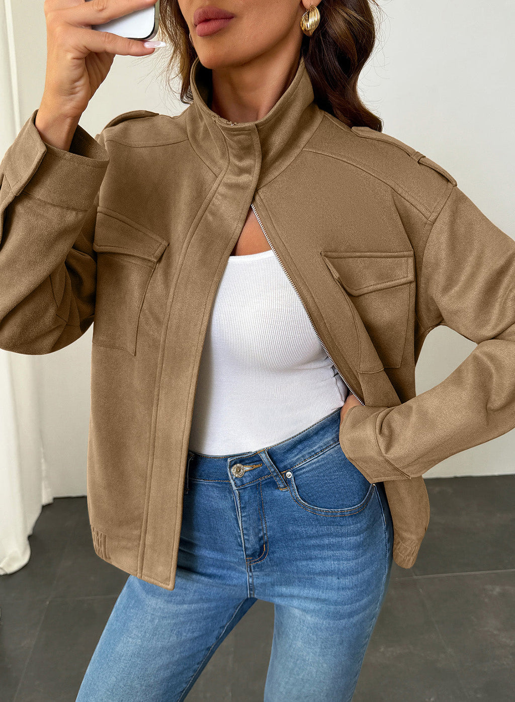 Dokotoo Womens Casual Cropped Bomber Jackets Trendy Solid Zip Up Coats
