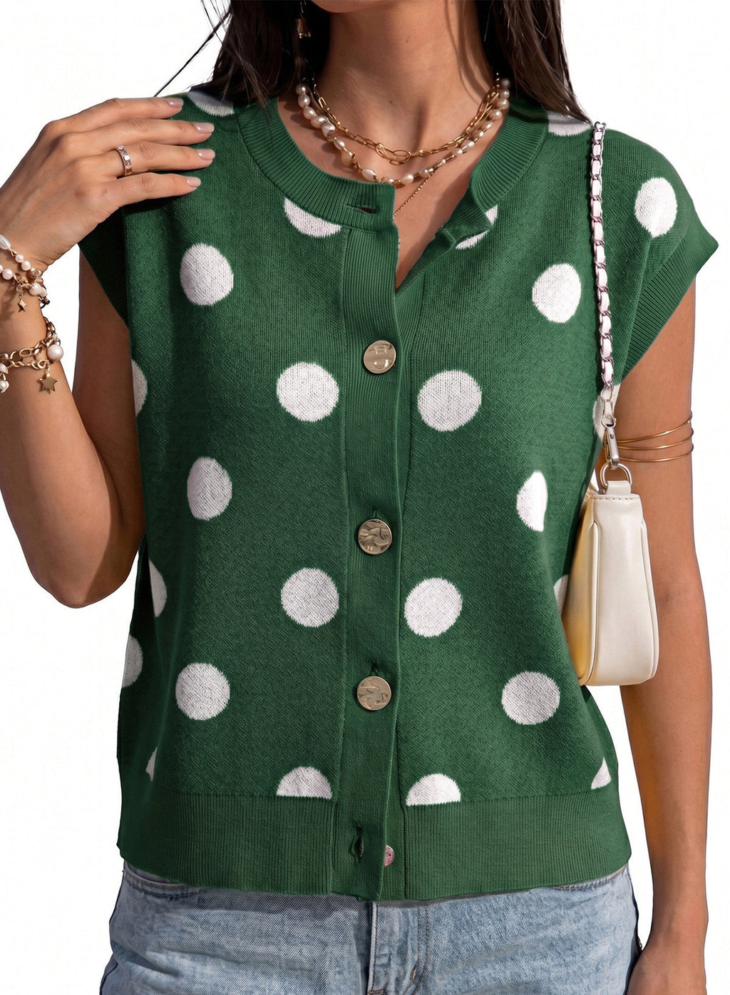 Relaxed Polka Dot Print Decorated Button Sweater Vest