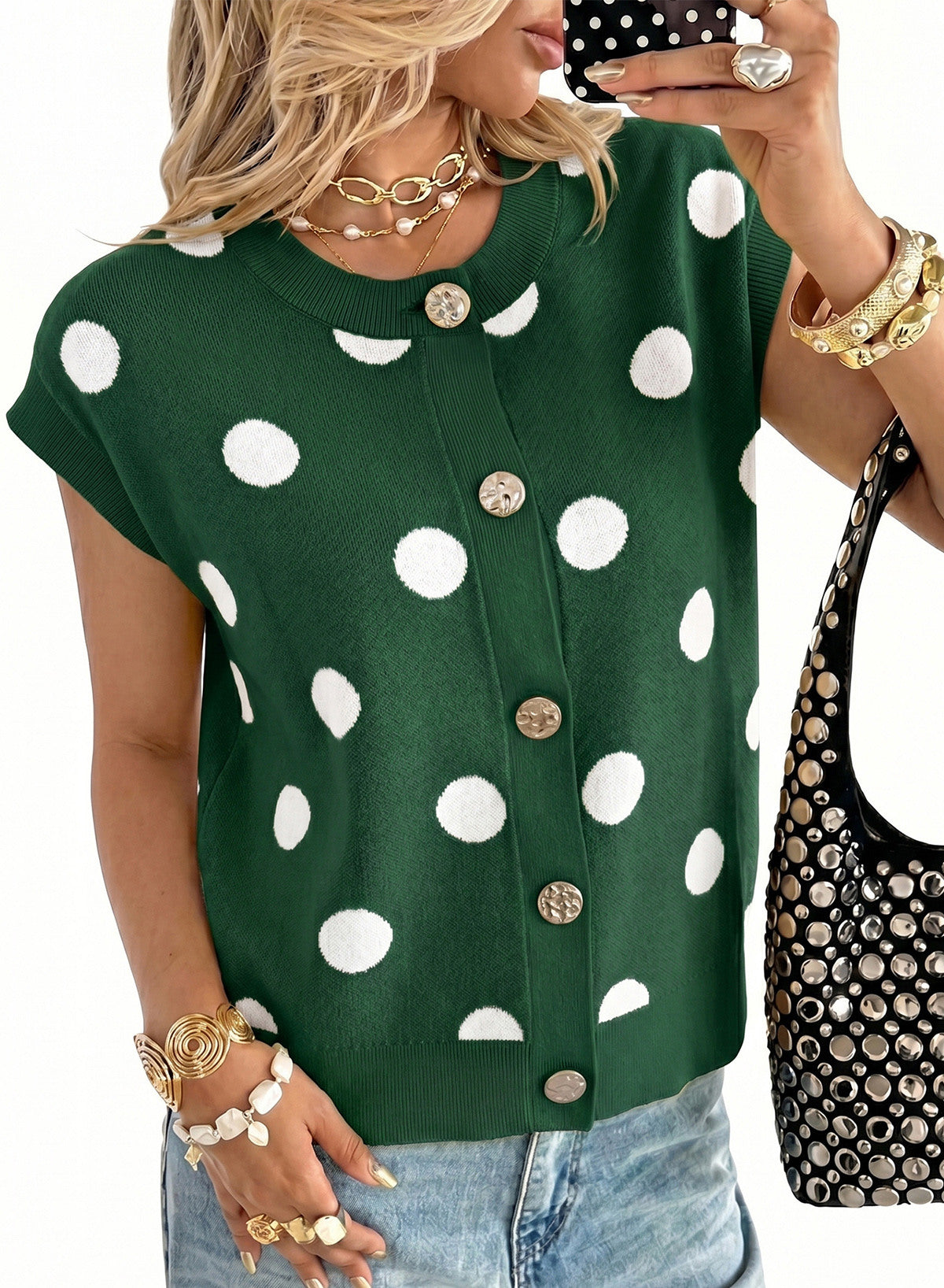 Relaxed Polka Dot Print Decorated Button Sweater Vest