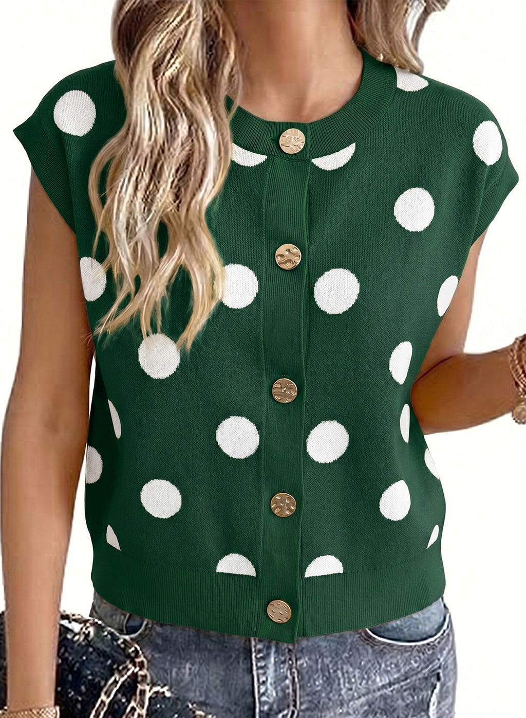 Relaxed Polka Dot Print Decorated Button Sweater Vest