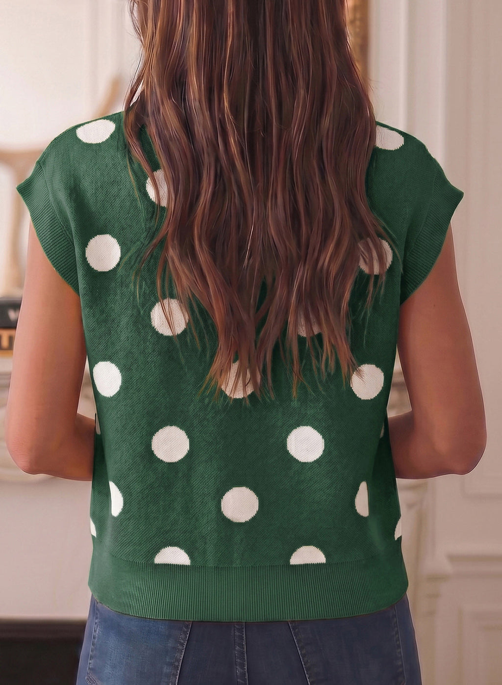 Relaxed Polka Dot Print Decorated Button Sweater Vest