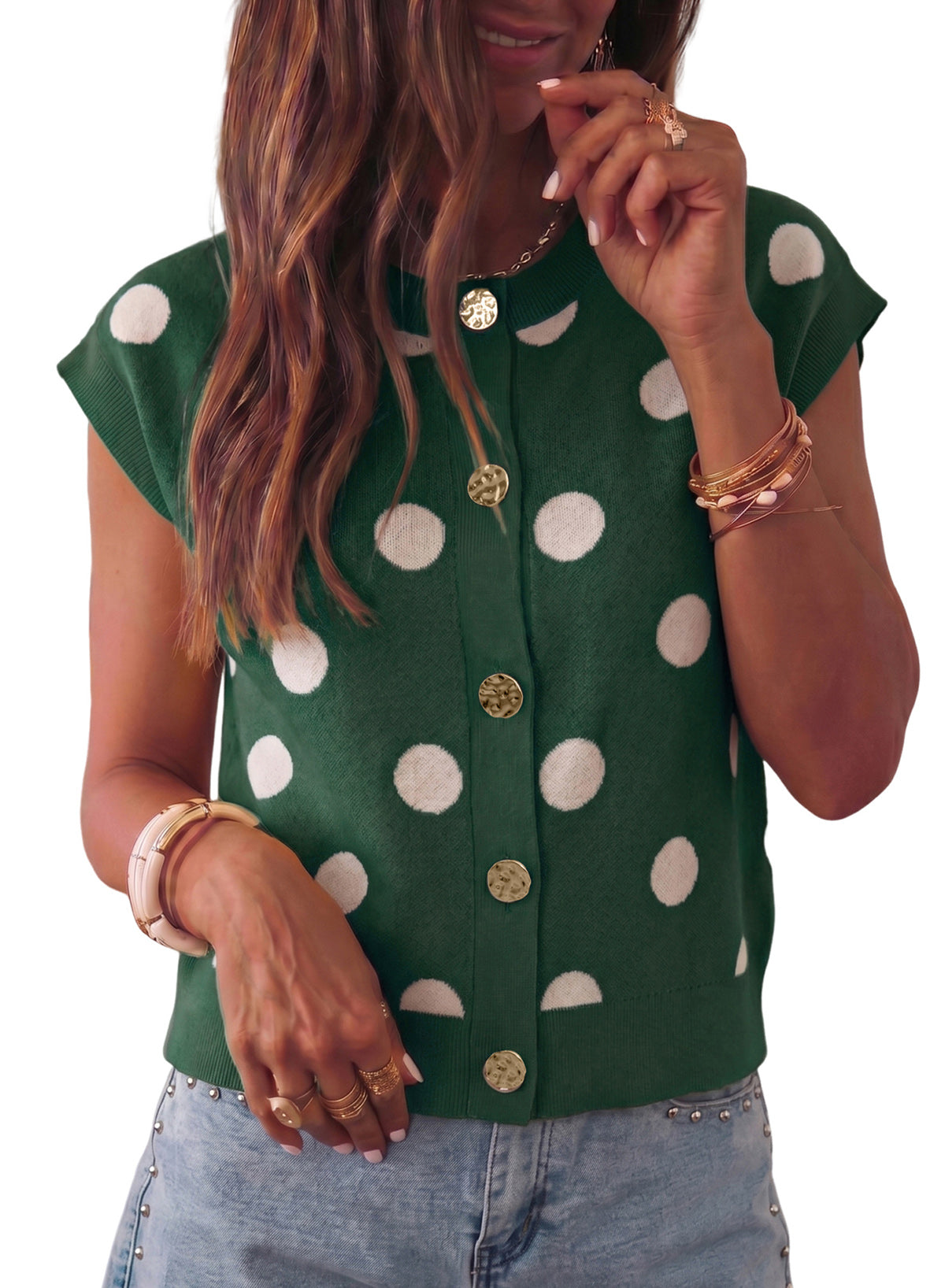 Relaxed Polka Dot Print Decorated Button Sweater Vest