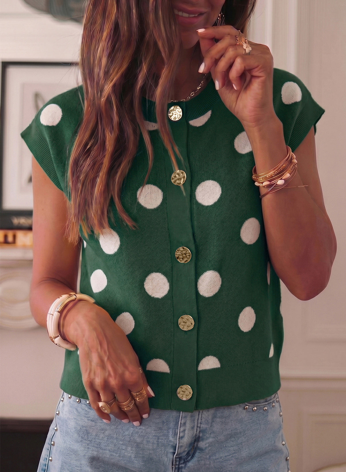 Relaxed Polka Dot Print Decorated Button Sweater Vest