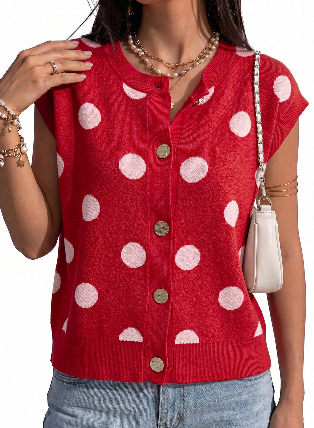 Relaxed Polka Dot Print Decorated Button Sweater Vest
