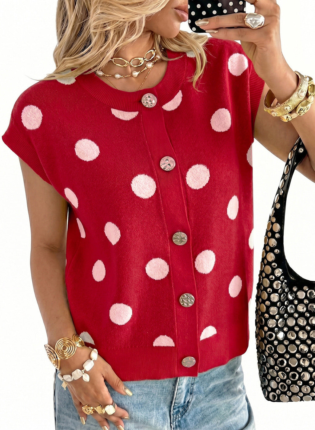 Relaxed Polka Dot Print Decorated Button Sweater Vest