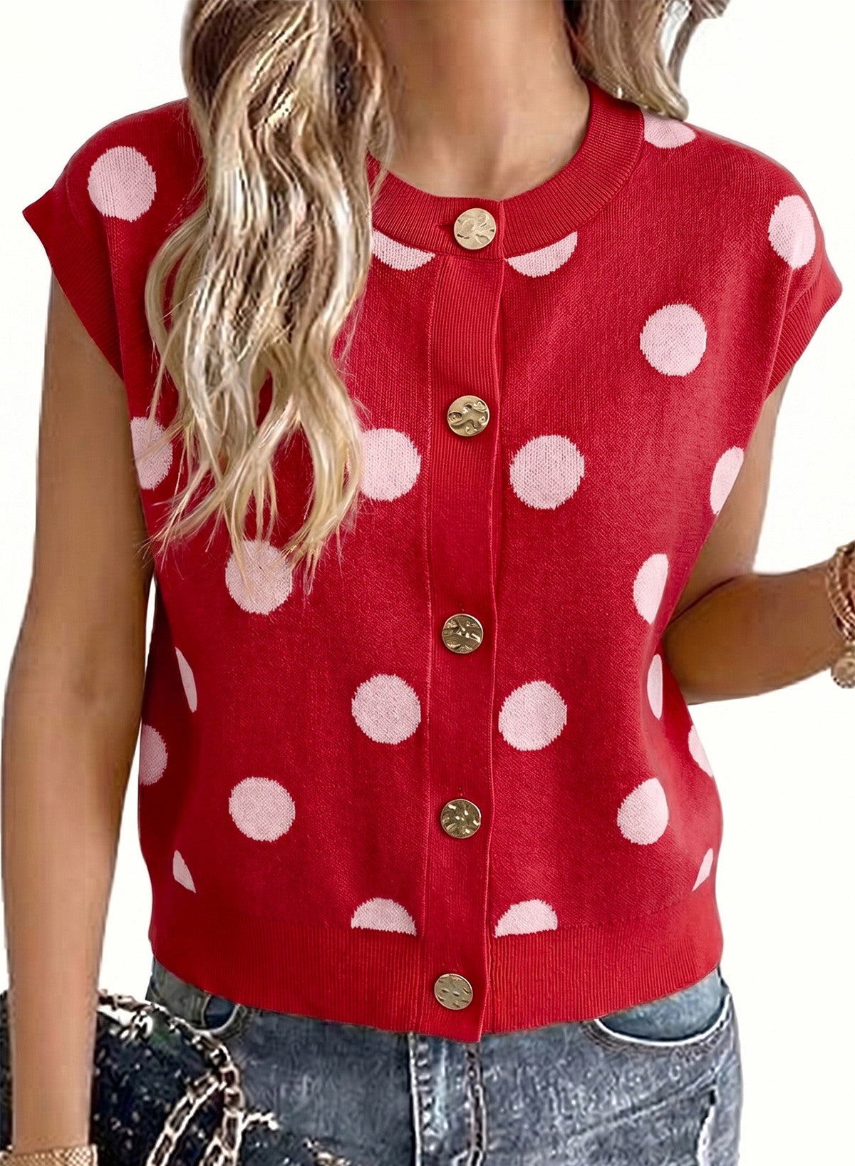 Relaxed Polka Dot Print Decorated Button Sweater Vest