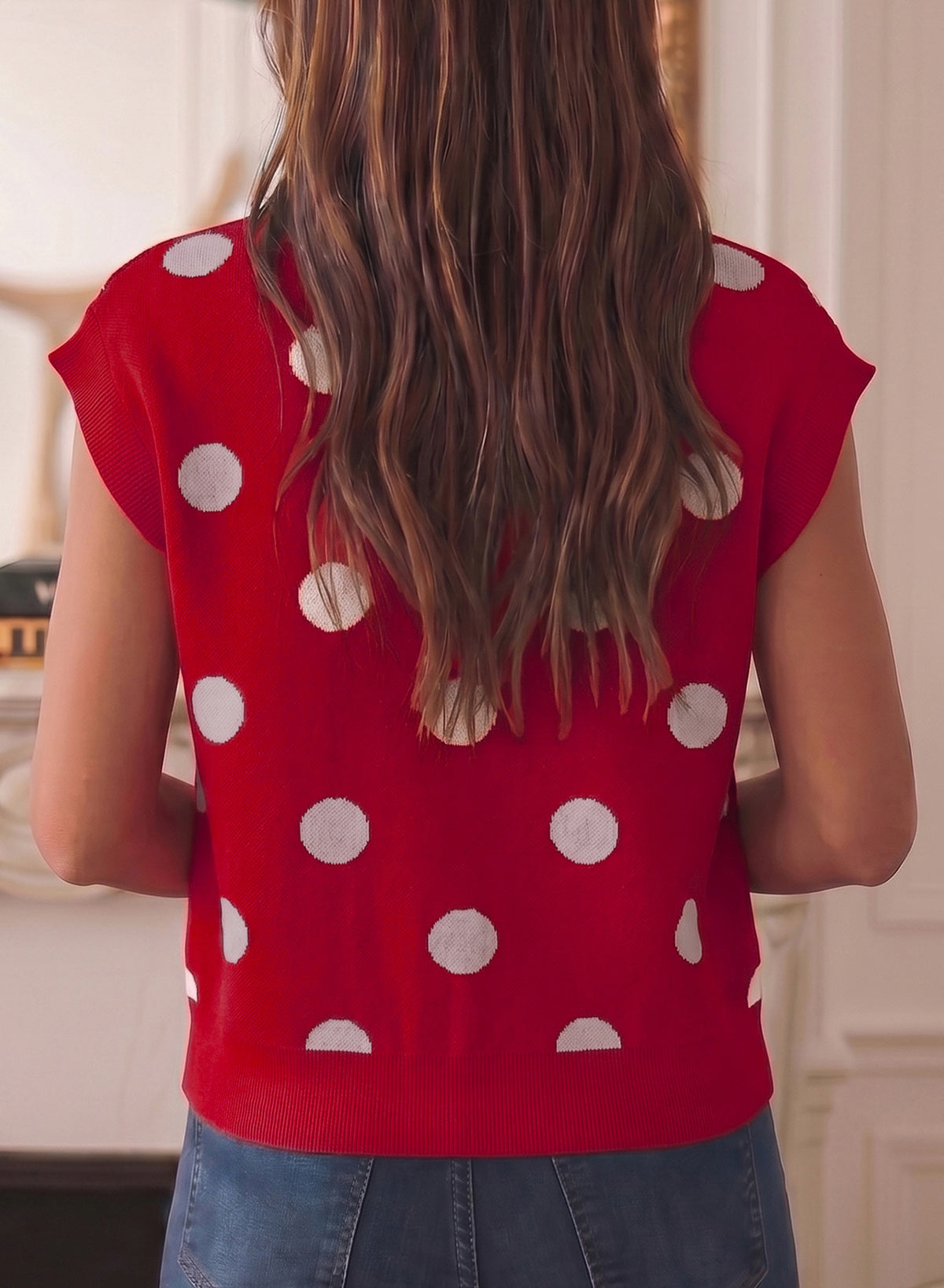 Relaxed Polka Dot Print Decorated Button Sweater Vest