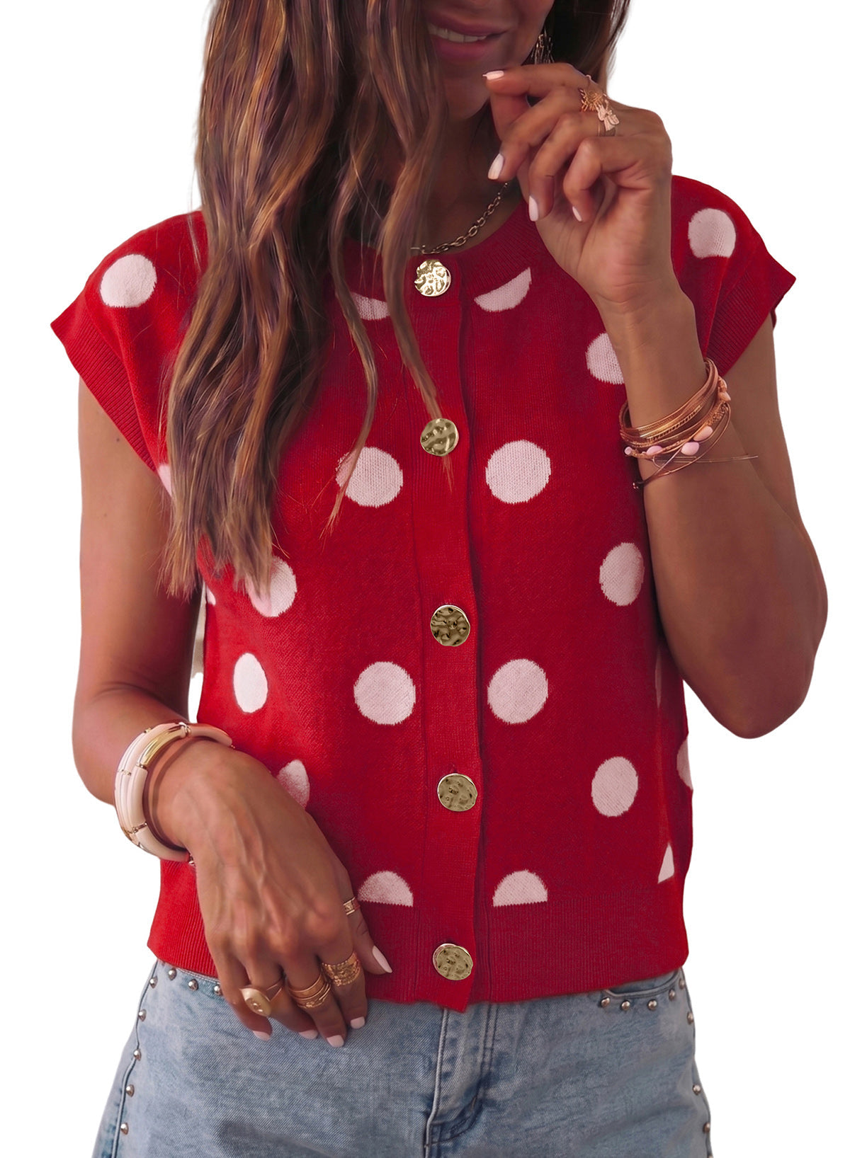 Relaxed Polka Dot Print Decorated Button Sweater Vest