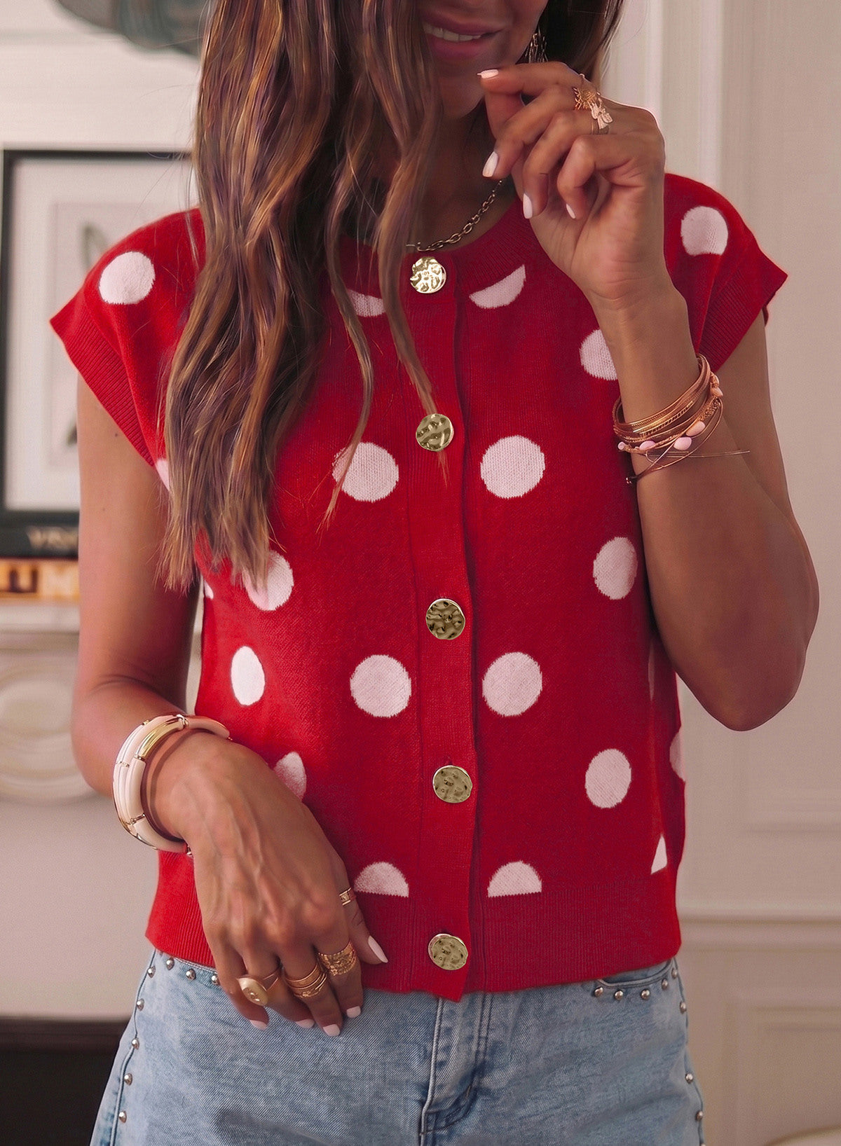 Relaxed Polka Dot Print Decorated Button Sweater Vest