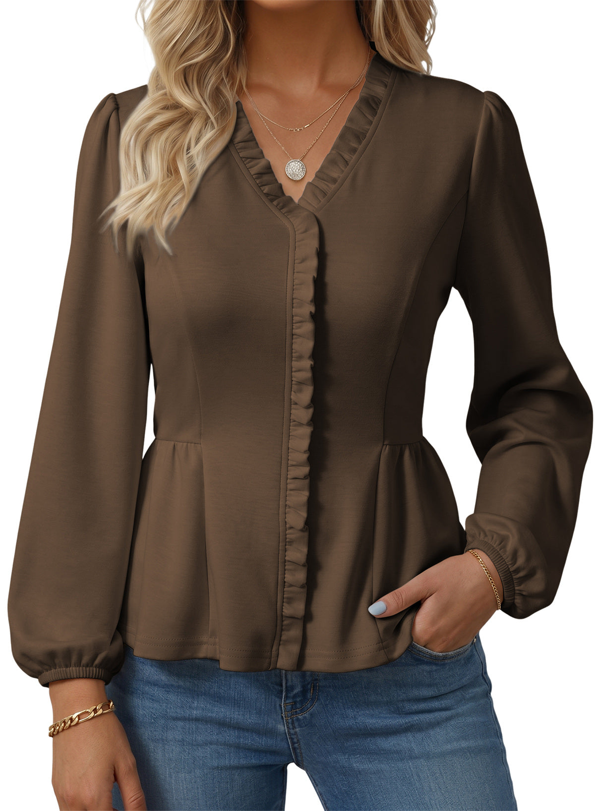 Womens Tops Ruffle Trim V Neck Peplum Babydoll Long Sleeve Shirts